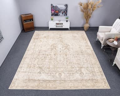 9.5x12.5 Neutral Beige Brown Vintage Turkish Rug, 9x12 Oversize Handwoven Wool Area Homedecor Carpet