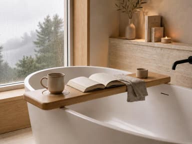Solid White Oak Bath Tray, Extra Long Spa Bathtub Caddy, Non Slip Pads with Travertine Coaster
