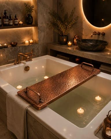 Hammered Copper Bath Tray with Handles | Moroccan Artisan Bathtub Caddy | Luxury Spa Gift | Handmade Copper Tray | Bathroom Decor